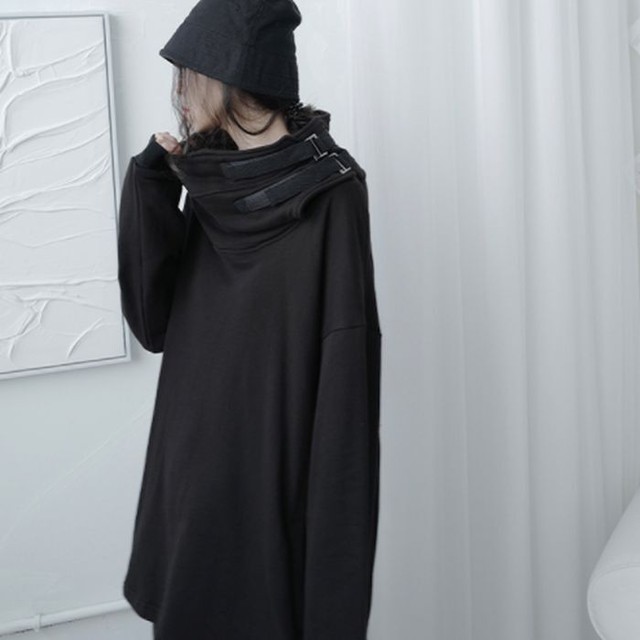 オフタートル ハイネック トレーナー スウェット パーカー フーディ フード ベルト ポケット 長袖 無地 オーバーサイズ ルーズフィット ブラック 黒 韓国 レディース メンズ ユニセックス カジュアル ストリート モード お支払い後日以内に発送 Top3 Loveless