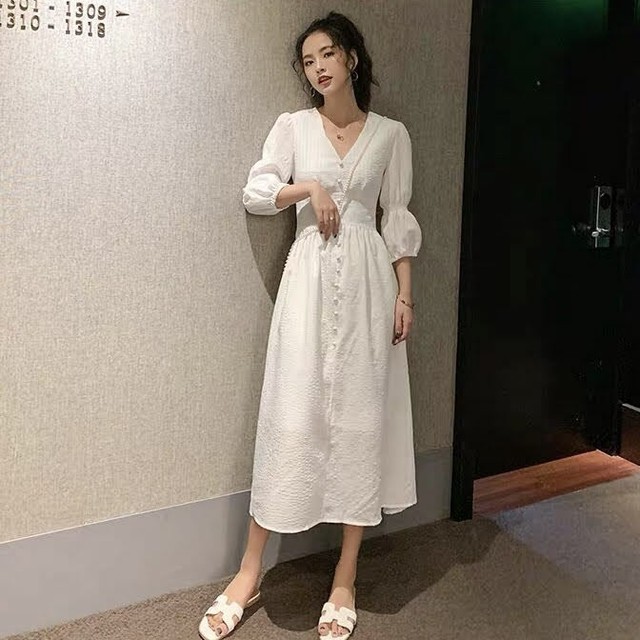 Vネックワンピース パフスリーブ ホワイトワンピース Liliana
