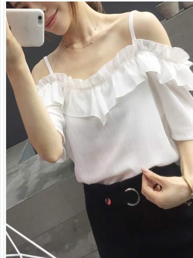 大人カジュアル レディース 春服 フリル 肩出し トップス 白 夏服 かわいい レディース カジュアル 春服 おしゃれ 春 夏 ファッション ブ Basecamp49