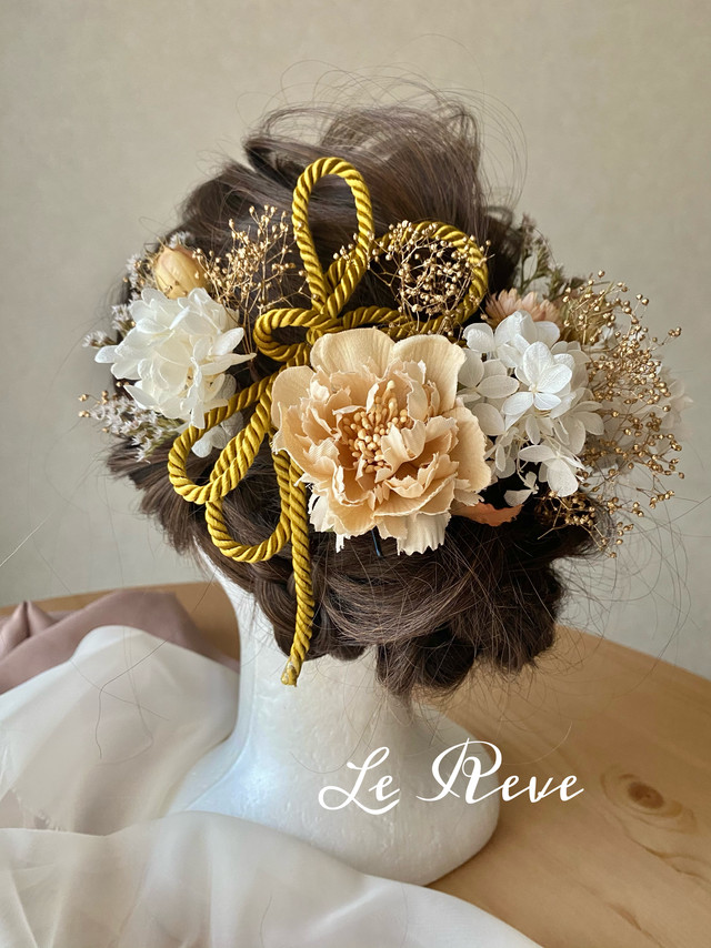 ピンデージゴールド組紐リボンとドライフラワー髪飾り Atelier Le Reve