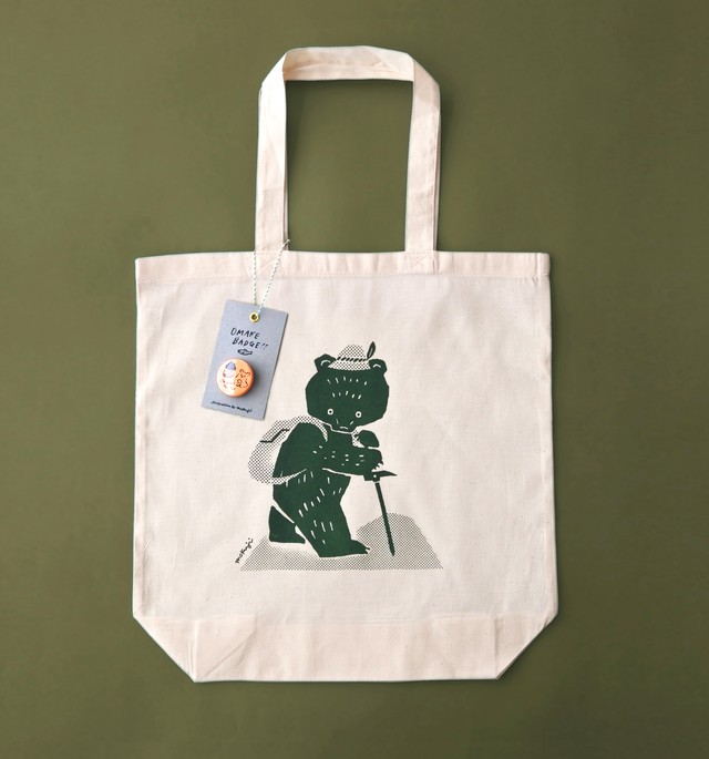 登山熊のトートバッグ 缶バッジ付き Mokuji