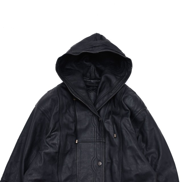 Unisex black leather hoodie coat