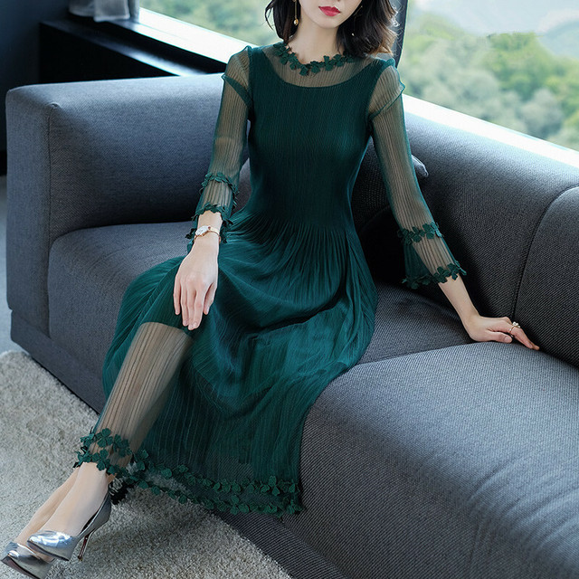 ストレッチドレス ロング丈 ワンピース シースルー チュール メッシュ 透け感 ベルスリーブ 長袖 レディース フォーマル 結婚式 お呼ばれ ドレス 代 30代 二次会 ワンピース パーティー ドレス R0040 Aeka Clothet Partydress