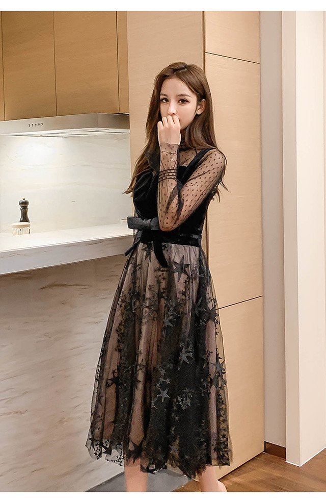 シアーデザインドレス ワンピース 星柄 Aライン エレガント 結婚式 披露宴 二次会 パーティー お呼ばれ Arroser