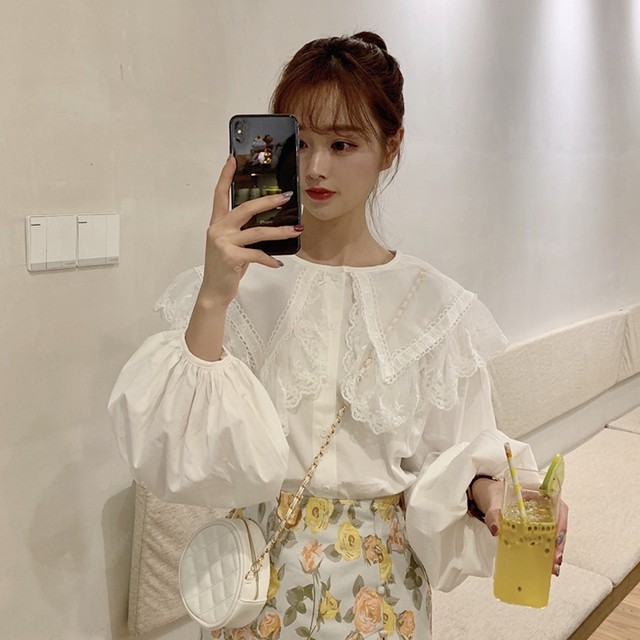 レースブラウス トップス 大きな襟 レース ブラウス ボリューム袖 フェミニン ガーリー 可愛い 学生 デート お出かけ Mh1438 Valentina210