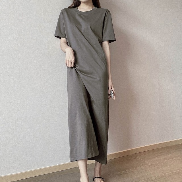 Tシャツワンピース ロング丈 マキシ丈 半袖 無地 カジュアル シンプル 春 夏 大人 デート お出かけ 旅行 女子会 韓国 韓国ファッション オルチャン 可愛い おしゃれ レディース Fa1 Musubi Me 韓国 オルチャン レディースファッションのお店