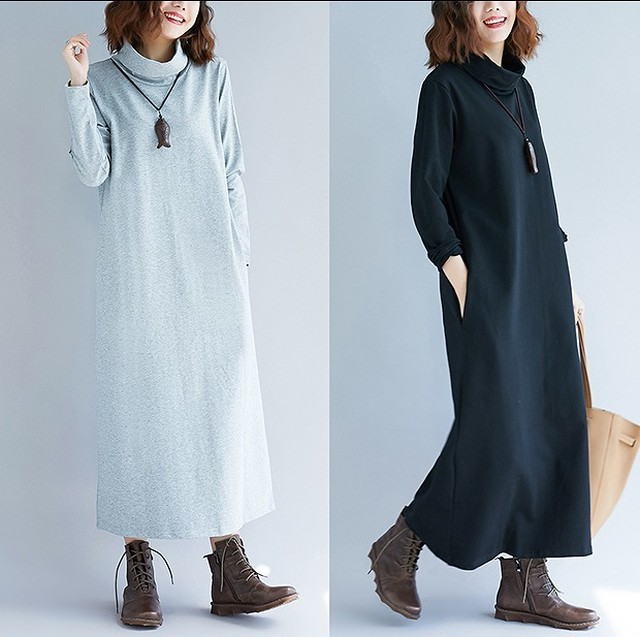 大きいサイズ レディース タートルネックロングワンピース 秋冬 長袖 ブラック グレー 無地 S 大きいサイズ 送料無料 レディース通販店 ｋｅｃｃｈi 静岡 Base売り場