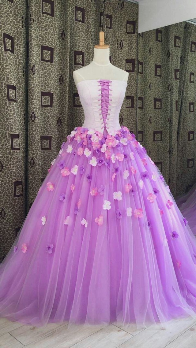 美品 カラードレス ベアトップ 花モチーフ ロング プリンセスライン ロングドレス 憧れのドレス エレガント シアーな美しさ Cinderelladress