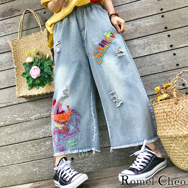 Romelcheo ワイド デニム パンツ ダメージ加工 刺繍 ジーンズ フレア ガウチョ レディース 切りっぱなし カットオフ ビッグシルエット アンクル丈 抜け感 こなれ感 古着風 ヴィンテージ風 ルーズ カジュアル アメカジ ロメルチェオ Romelcheo