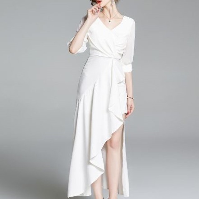 パーティードレス 代 30代 40代 50代 結婚式 ワンピース 大きいサイズ 白 マキシ丈 ロング丈 Aライン Vネック 無地 七分袖 二次会 春夏 きれいめ およばれ フィッシュテール Dress Plaatje