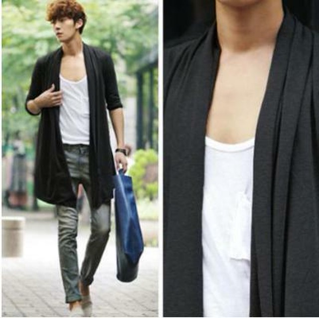 No 3802 ブラック L カーディガン メンズ ロング ニット長袖 ルーズ ショール 薄手 Next Dream