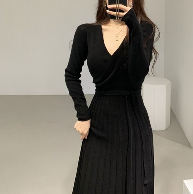 ニットワンピ ニットワンピースロング タイト コーデ 40代 冬 50代 Vネック 30代 きれいめ 膝丈ワンピース 40代 黒 フォーマル 上品 ニットワンピース おしゃれ 長袖 無地 カジュアル Dress No Sato