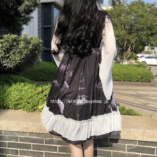 Lolita Op Dress ロリータドレス ワンピース ロリィタ お茶会 イベント 長袖 ハイウエスト フリル ブラック S M Mintcat