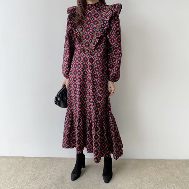 ワンピース ロング丈 マキシ丈 長袖 フリル スタンドカラー オシャレ レトロ 可愛い お出掛け デート 女子会 秋 冬 Ukiukionepicec