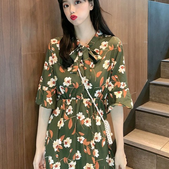 グリーン フリーサイズ 総柄 3色 ワンピース 花柄 レディース 女の子 ワンピース ドレス チュニック シンプル フレア フラワー シフォンドレス とろみ 半袖 Aライン Agarage