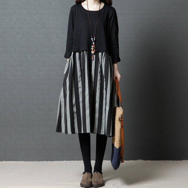 レディース カジュアル ファッション ストライプ ワンピース ドレス 長袖 ラウンドネック 着痩せ 切り替え 黒 ブラック Torehapi
