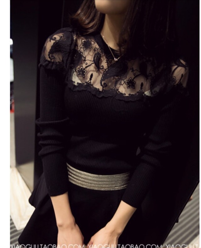 デコルテ見せ レーストップス 2色展開 ブラック グレー クリスマス ニット Sweetcafe