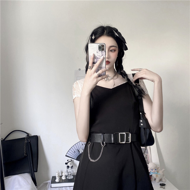 トレンドブラックスタイルスタンダードスカート Aラインワンピースレディース夏服 レトロ 夏物 Chil Pleglad Demon