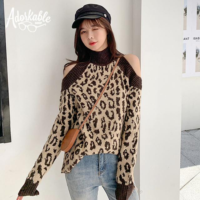 レディース秋冬 大人カジュアル 肩だし ボトルネック レオパード ヒョウ柄 長袖 ニット ゆったりスリム かっこいい メンズライク 派手かわ 楽ちん 楽 ラフ ブラウン ブラック フリーサイズ アメカジ ストリート系レディース韓国オルチャンファッション通販ショップ