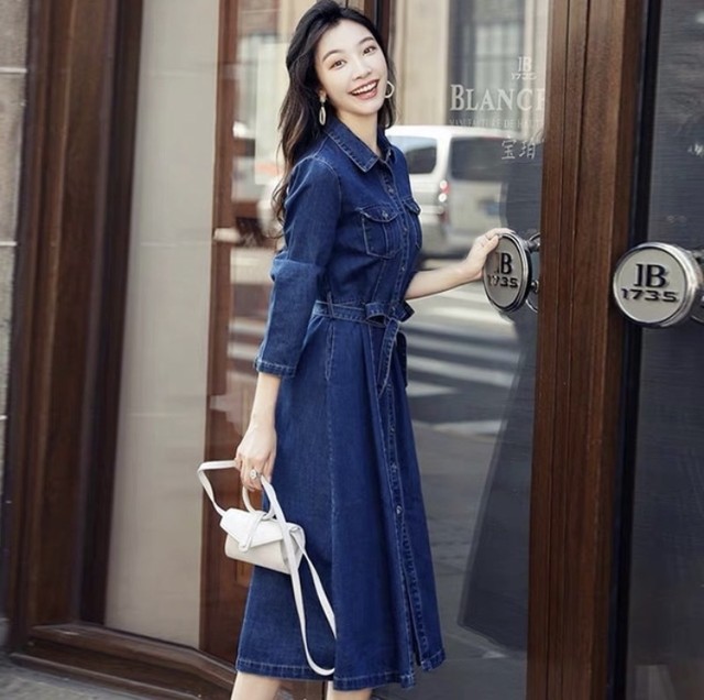 ヨーロッパ ファッションミッドレングス デニムシャツドレス スリムロングスカート Tamu Shops