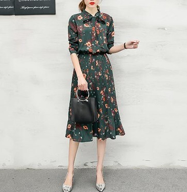 ワンピース 春 大人 ひざ丈 花柄 五分丈 ウエストマーク ハイウエスト フレア ボウタイ フェミニン きれいめ 大人可愛い レトロ デート 通勤 Bs 312 Wago