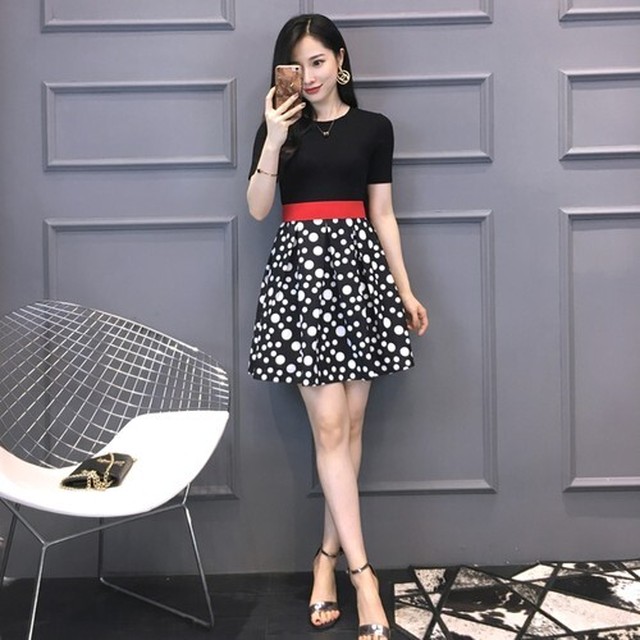 ワンピース レトロ レディース 水玉 長袖 Aライン 2ピース風 ドット ミニ丈 ブラック ハイウエスト ウエストマーク ガーリー デート お出かけ シンプル おしゃれ かわいい 海外ファッション 春夏 恥骨bornブリリアント