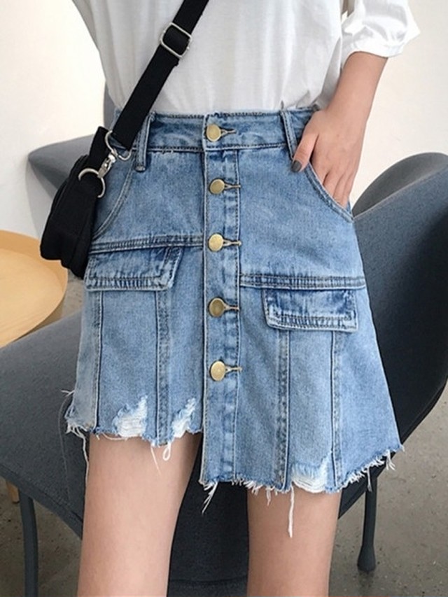どんなコーデにも合わせやすい アシメントリー デニムスカート ミニスカート フロントボタン ダメージデニム レディース 夏 デニム素 Ptnym1536 Shop Suba