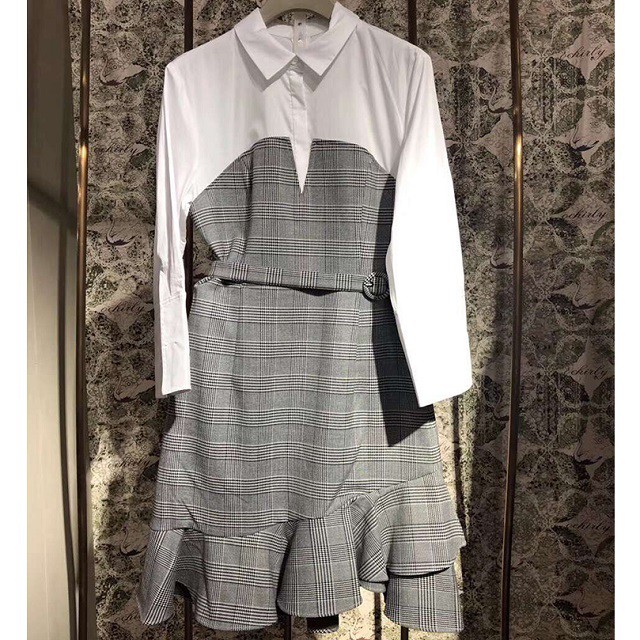 グレンチェック 切り替えワンピース アシンメトリー 裾フリル ミニスカート フィッシュテール レディース 韓国 ファッション A0101 Aeka Clothet