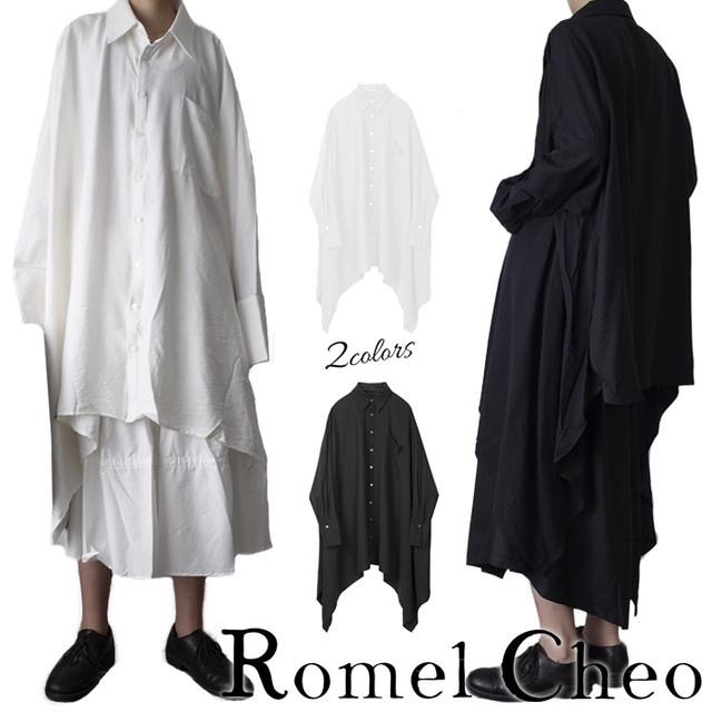 Romelcheo ロング丈 変形 シャツ ドレープ 白シャツ 黒シャツ モノトーン メンズ レディース ユニセックス ストリート モード系 V系 ロック 無地 長袖 きれいめ シンプル ゆったり ビッグシルエット おしゃれ ドルマン ドロップショルダー ロメルチェオ Romelcheo