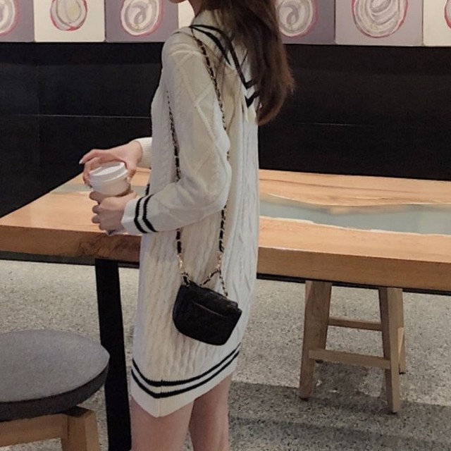 ニットワンピース ケーブルニット ミニ丈 セーラーカラー 長袖 ゆったり 体型カバー カジュアル 大人可愛い お出かけ デート 通学 無地 ホワイト 秋冬 Like Fashion