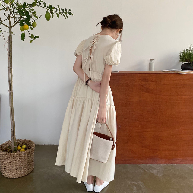 3色 バックリボン ワンピース ロング丈 パフ袖 ホワイト ベージュ ブラック レディース ファッション 韓国 オルチャン Cocotown