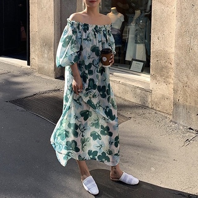 クローバー柄グリーンオフショルマキシワンピース Fanfan Closet ファンファンクローゼット