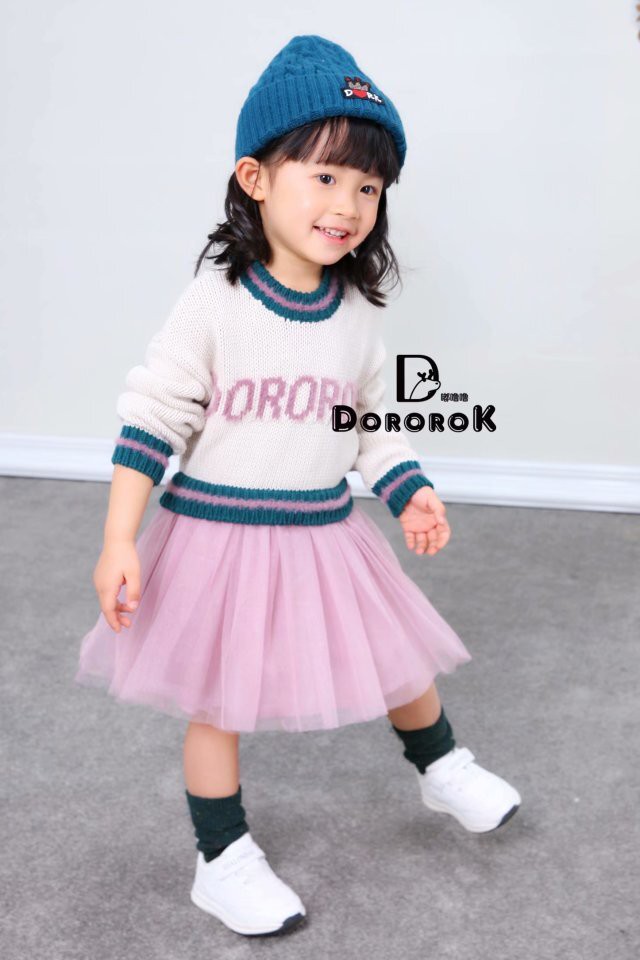 Dororok 秋 新作 海外ブランド子供服 ロゴ入りニットチュールドッキングワンピース 85 105 k160 Lirisnow