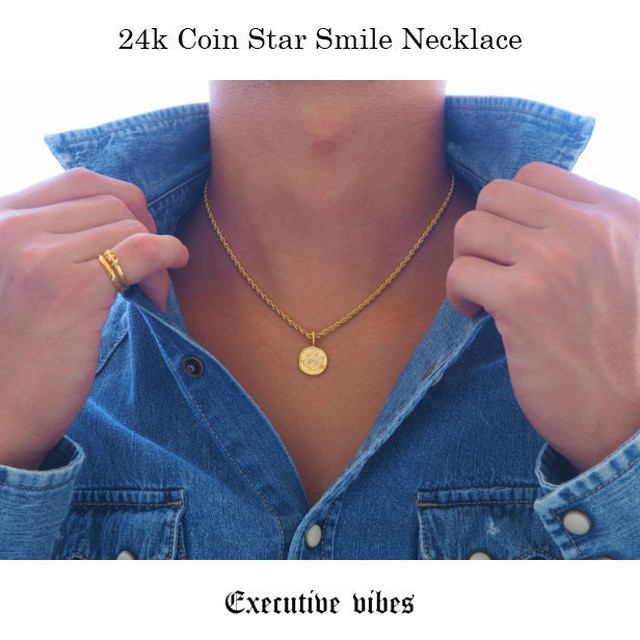 24k コインスタースマイルネックレス スマイリー ニコチャン ニコちゃん 星 スター 小ぶり 小さめ ゴールド ペンダント メンズ レディース ネックレス 金属アレルギー対応 ステンレス製チェーン付 Abalent