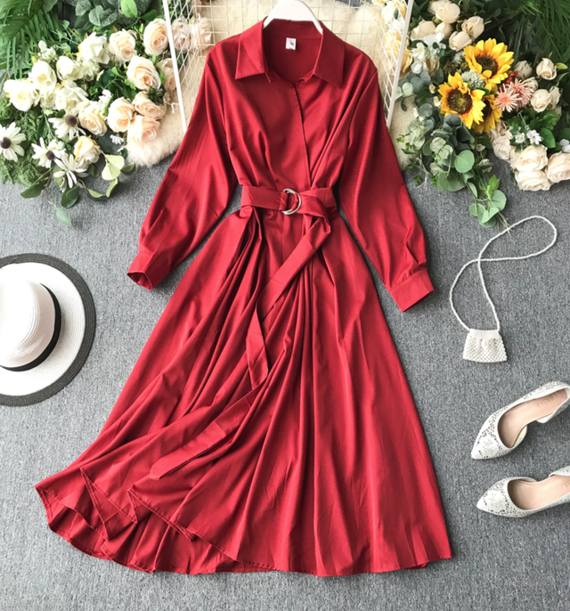 ワンピース ロング丈ワンピース ミモレ丈ワンピース 長袖ワンピース シャツワンピース 長袖 ロング丈 ミモレたけ レッド ライトグリーン ダークグリーン ワインレッド ウエストマーク ウエストベルト シャツカラー パフスリーブ 砂時計シルエット スリムシルエット