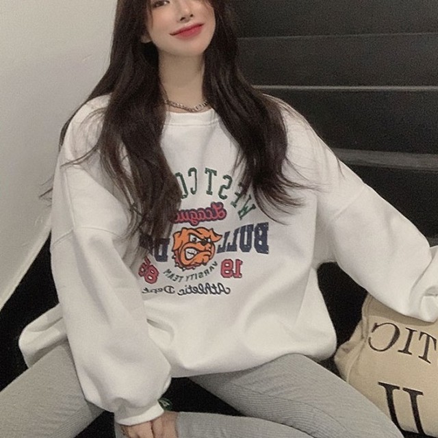 トレーナー レディース キャラクター ロゴ スウェット トレーナー 韓国 ファッション レディース ビッグシルエット スエット トップス ビッグサイズ 裏起毛 ゆったり スポーツ カジュアル ルームウエア キャラ プリント トレーナー おしゃれ かわいい 白 オレンジ