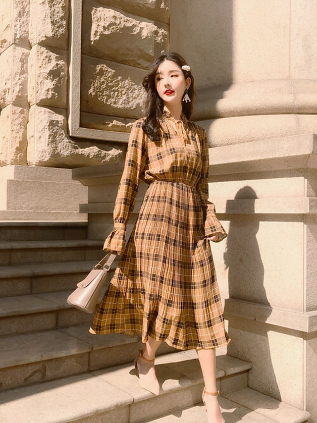 おすすめ 春物 ワンピース ミモレ丈 長袖 キャンディースリーブ プリーツ チェック柄 ａライン ガーリー お出かけ レトロ Ky3902 Girl Top