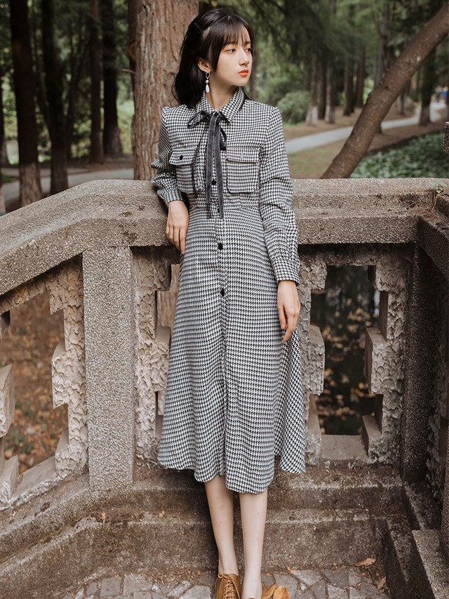 ガーリーコーデ シャツワンピ ひざ丈ワンピース 千鳥柄 リボンネクタイ レディース フェミニン Aライン 春秋 長袖 Ptnym2765 Shop Suba
