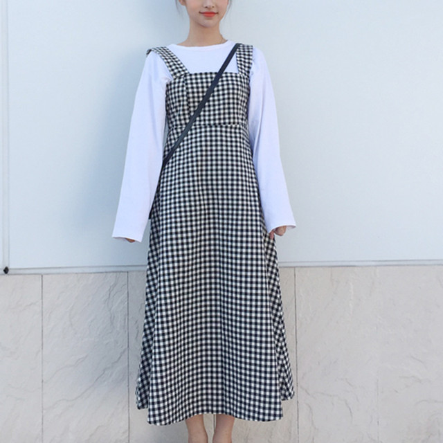 ワンピース キャミワンピ ハイウエスト ガーリー ロング ノースリーブ スクエアネック フレア ミモレ丈 ギンガムチェック ワンピース 春夏秋 韓国レディース キッズファッション Londonbridge ロンドンブリッジ