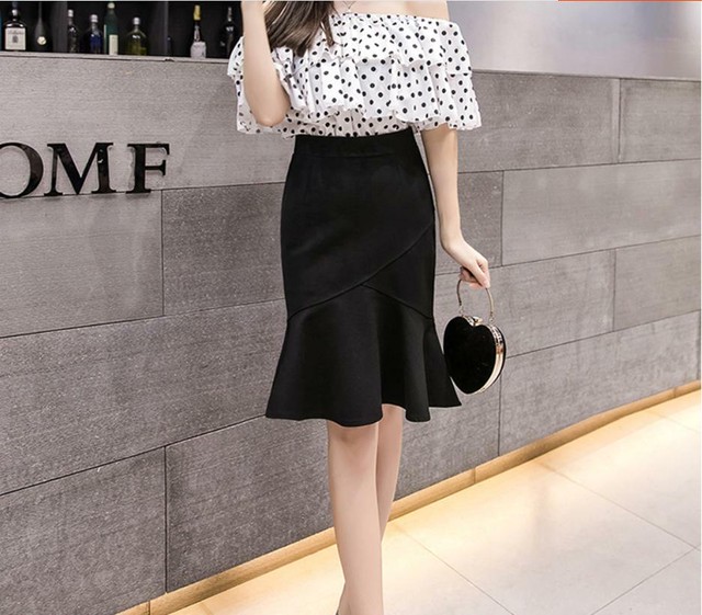 フリル タイトスカート マーメイドスカート チューリップスカート 無地 ひざ丈 シンプル 5サイズ Evergreen