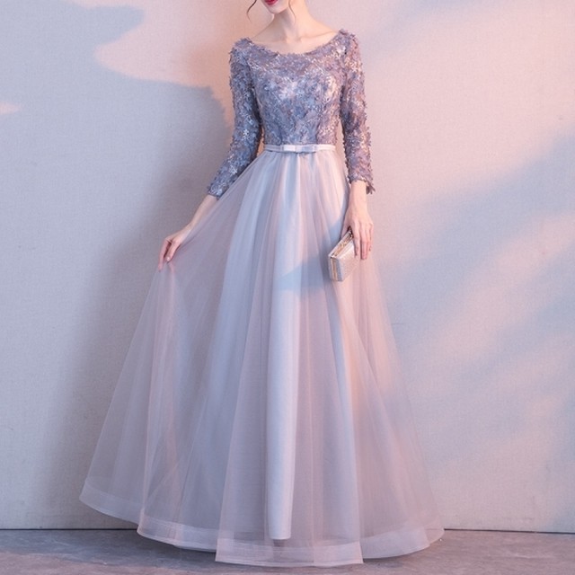 パーティードレス 結婚式 ドレス ワンピース お呼ばれ カラードレス キャバドレス 結婚式ワンピース 結婚式パーティードレス シンプル 謝恩会 二次会 ゲスト 七分袖 袖あり ウエストリボン バックオープン ロング丈 Aライン 上品 演奏会 発表会 キャバ嬢 映え Musubi Me