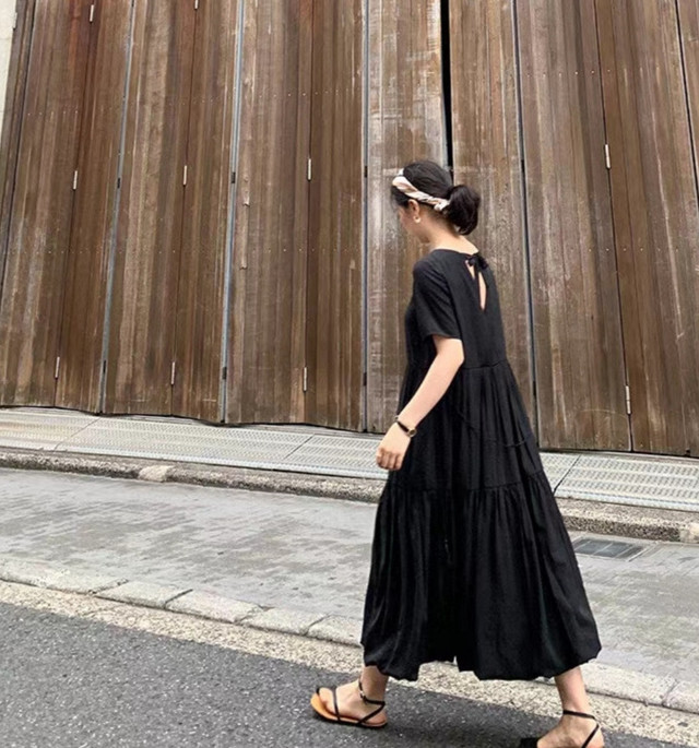 ワンピース 後ろおリボン 裾バルーンワンピース ブラック Lovely Nagoya