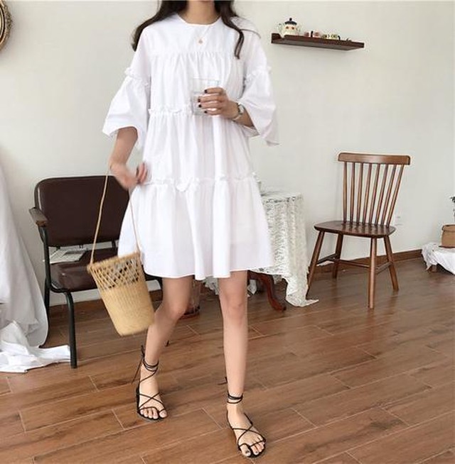 清楚系 白ワンピース ティアードワンピース Aライン チュニック ふんわり ミニ丈 可愛い 爽やか 夏 おしゃれ Ptnym3696 Shop Suba