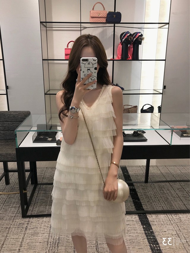 フリル ノースリーブ Vネック ワンピース 夏 新作 キャバ ミニ ドレス ホワイト シンプル パーティー 二次会 ディナー デート キャバ ドレス Kaa S Dress