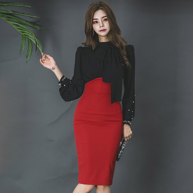 ドレス ワンピース スリム 長袖 ボトルネック パフスリーブ 膝丈 無地 エレガント 大人上品 秋冬 結婚式 披露宴 二次会 パーティー お呼ばれ デート Dressarroser