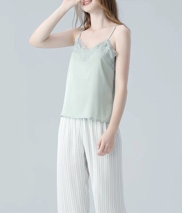ミントグリーンレースストライプルームウェア3点セット Fanfan Closet ファンファンクローゼット