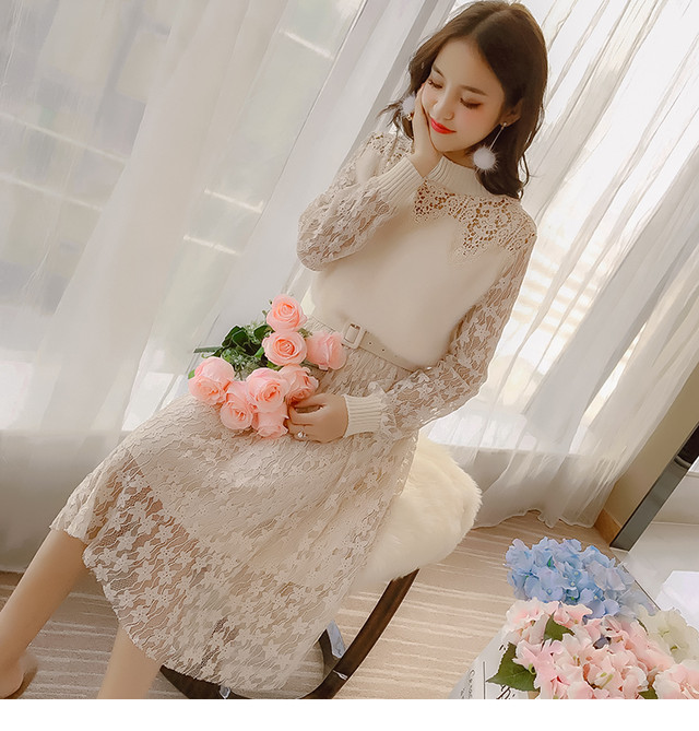 無地 レース 長袖 ワンピース ハイネック ハイウエスト ベルト 春コーデ 大人可愛い レディース エレガント シンプル 可愛い おでかけ デート 女子会 ウッディーベース1号店