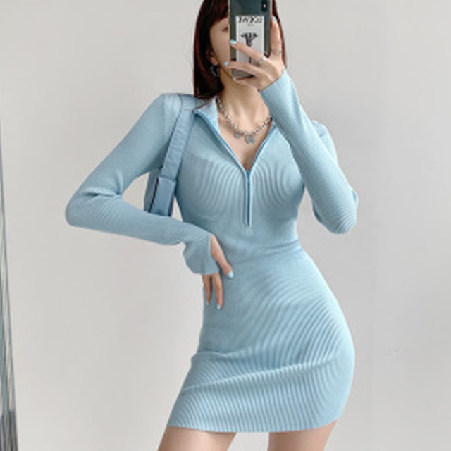 ニットワンピース タイト 秋冬 冬 ニットワンピ 胸元 ファスナー ミニ丈ワンピ レディース フェミニン セクシー 肌見せ 長袖 ゆったり 体型カバー 着痩せ 大人可愛い セクシー フェミニン こなれ感 きれいめ エレガント 大人女子 Ok231 Sunny Place