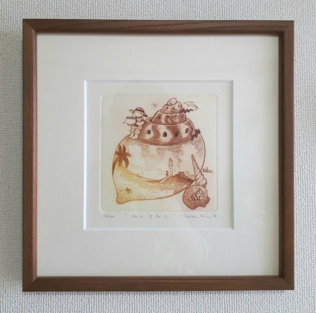 海のきおく 銅版画額付き L型オーク25cm角