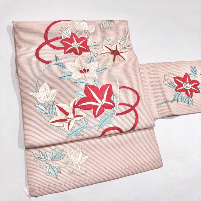 夏帯 絽 シェルピンクに桔梗と鉄線の花丸 アンティーク刺繍名古屋帯 Kimono Tento